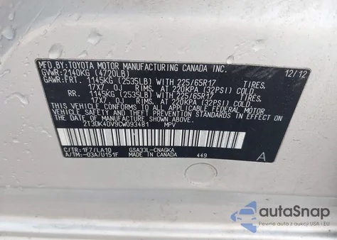 2012 Toyota Rav4 Limited V6 из США, поврежденный, VIN 2T3DK4DV9CW093481